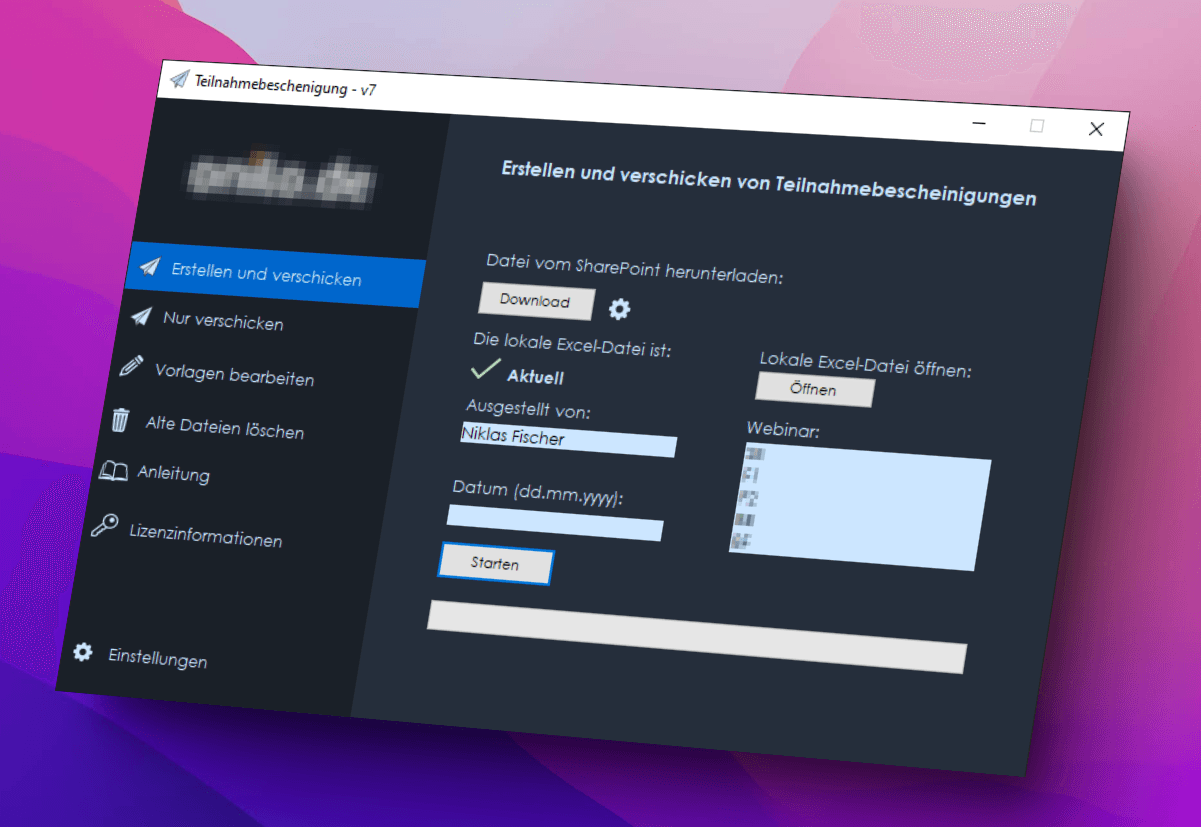 Mockup of software used to create webinar certificates.